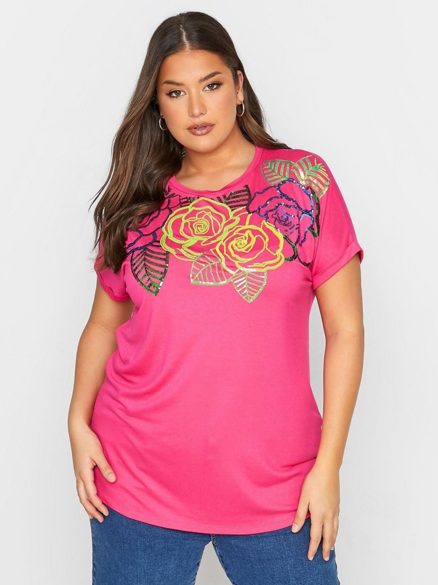 Tops & T-Shirts * | Yours Grown On Sleeve Sequin Tee Pink