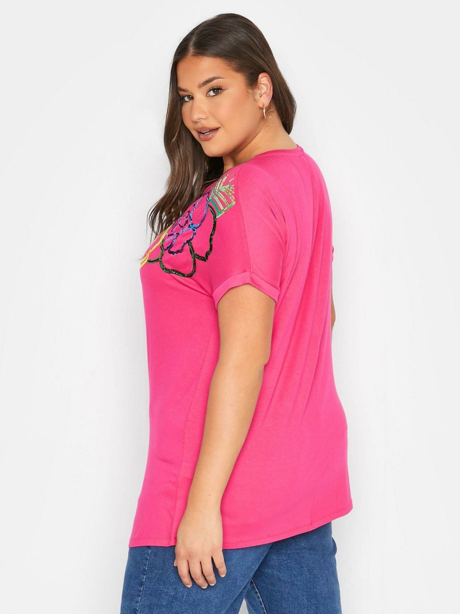 Tops & T-Shirts * | Yours Grown On Sleeve Sequin Tee Pink