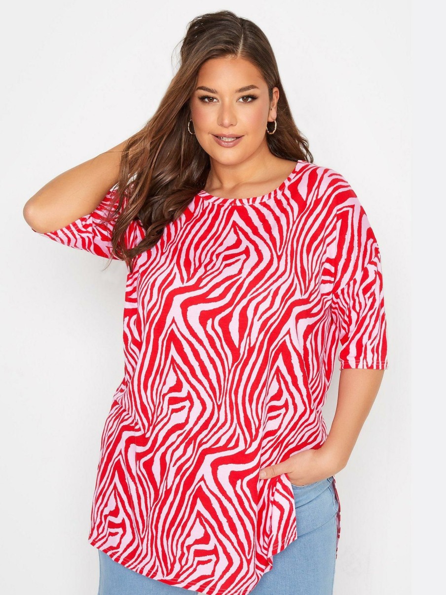 Tops & T-Shirts * | Yours Curve Oversized Tee Pink / Red Zebra