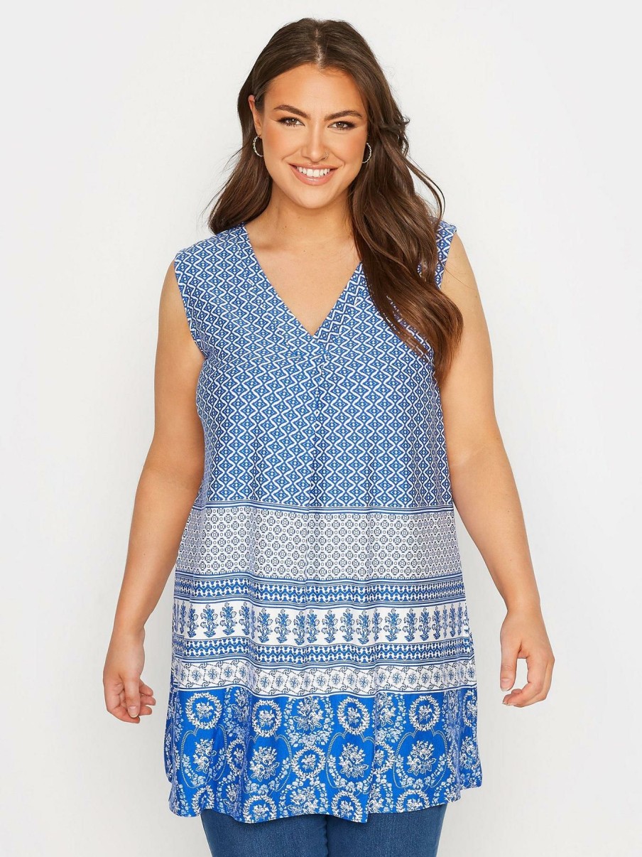 Tops & T-Shirts * | Yours Aztec Print Inverted Pleat Vest Top Blue