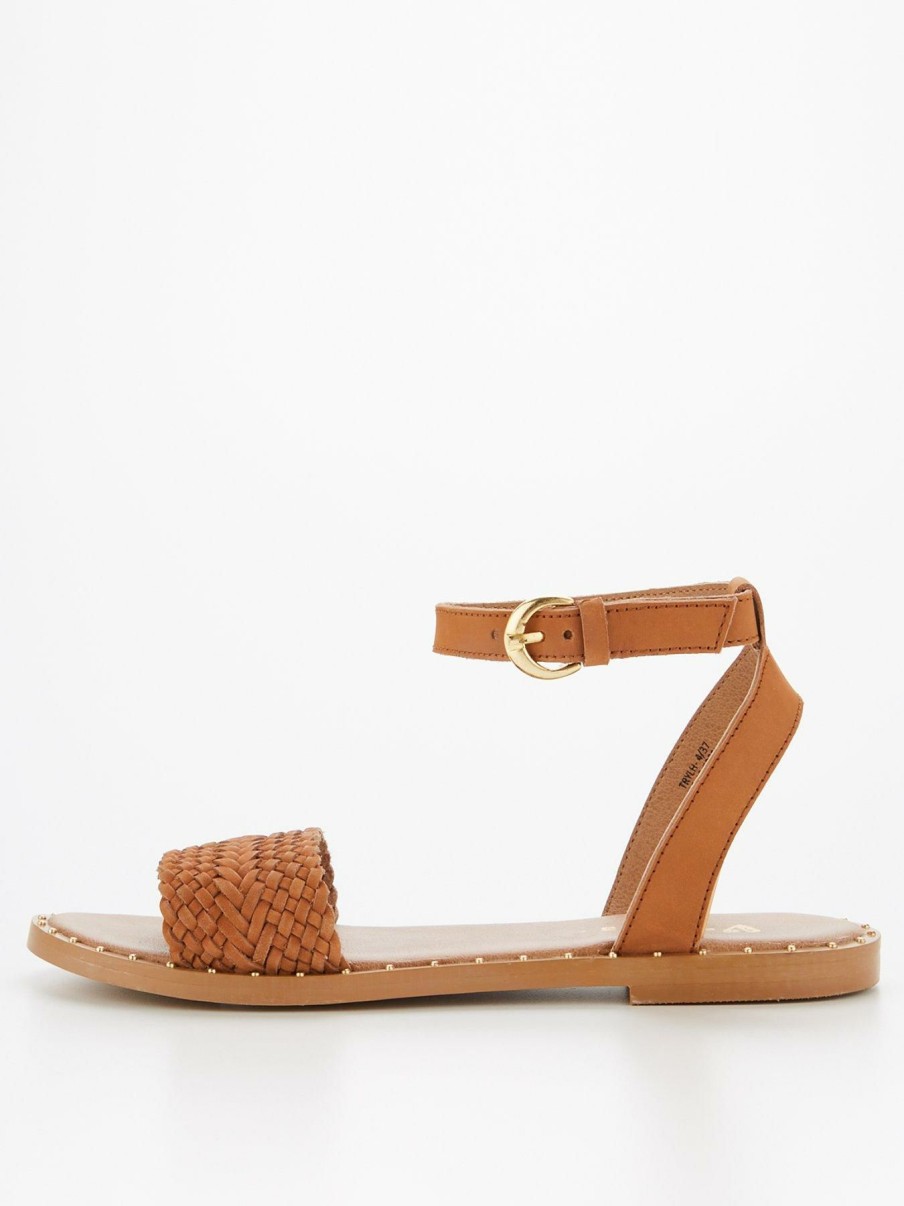 Shoes & Boots * | V By Very Wide Fit Leather Weave Strap Sandal With Studs Tan