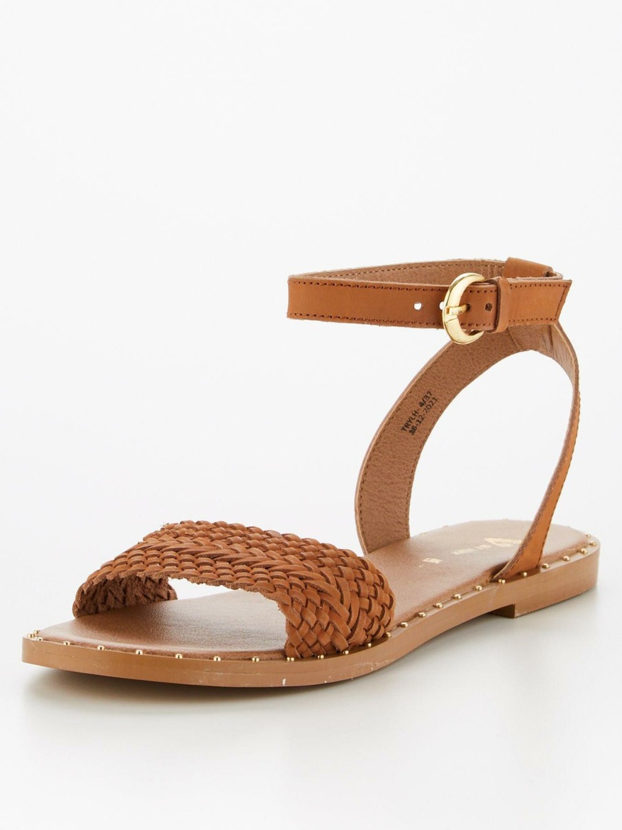 Shoes & Boots * | V By Very Wide Fit Leather Weave Strap Sandal With Studs Tan