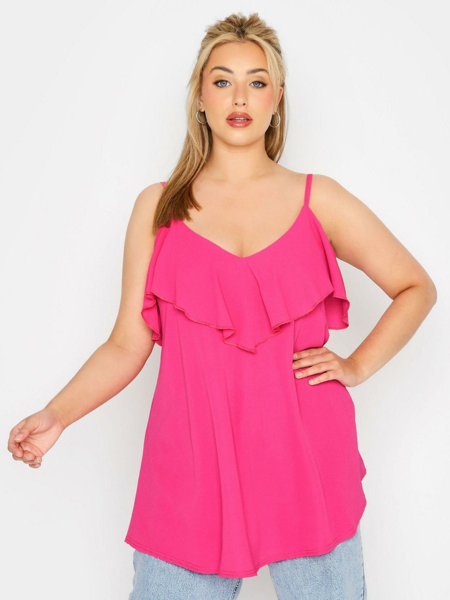 Tops & T-Shirts * | Yours Curve Frill Cami Solid Pink