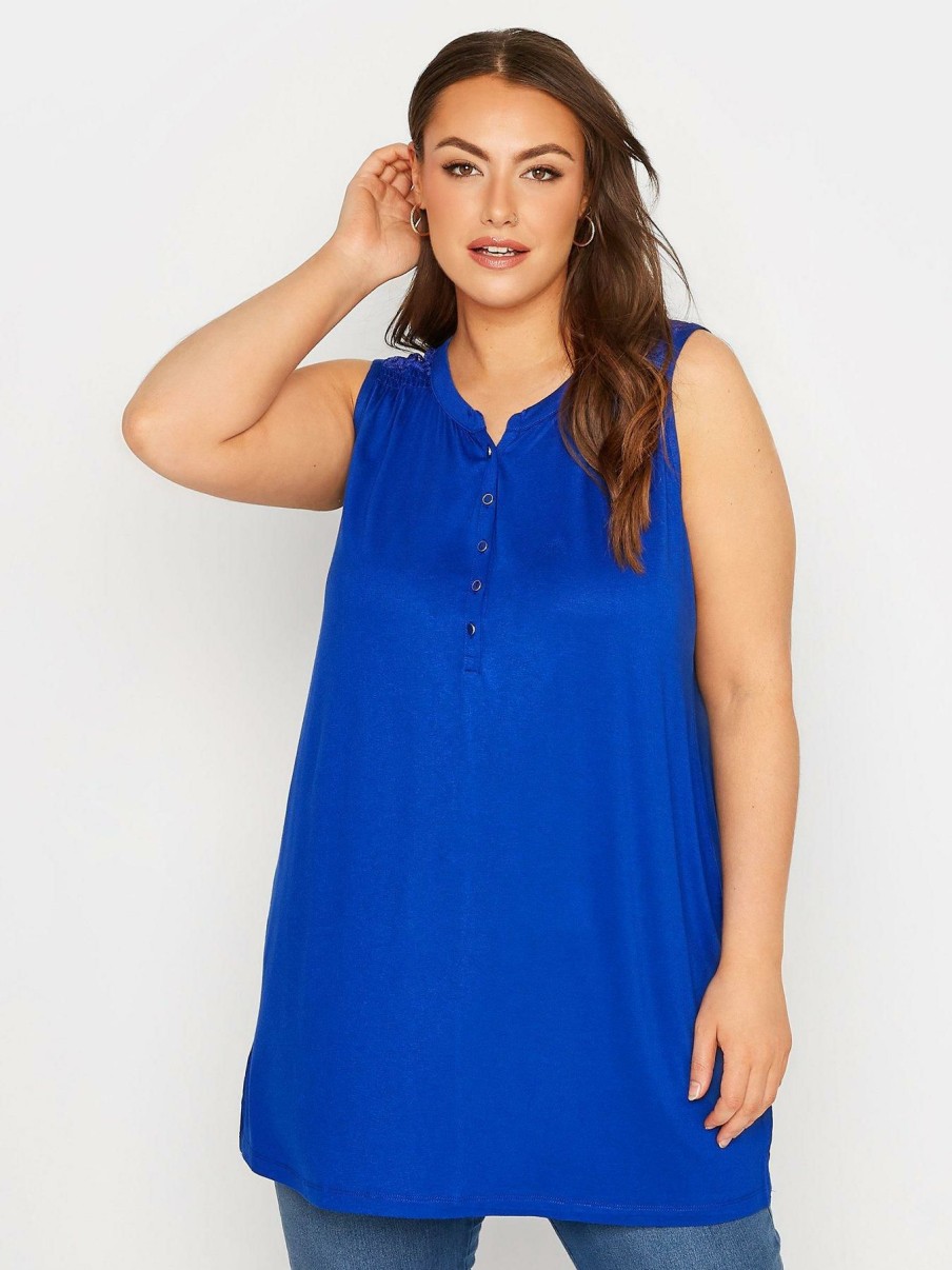 Tops & T-Shirts * | Yours Lace Yoke Placket Top Blue