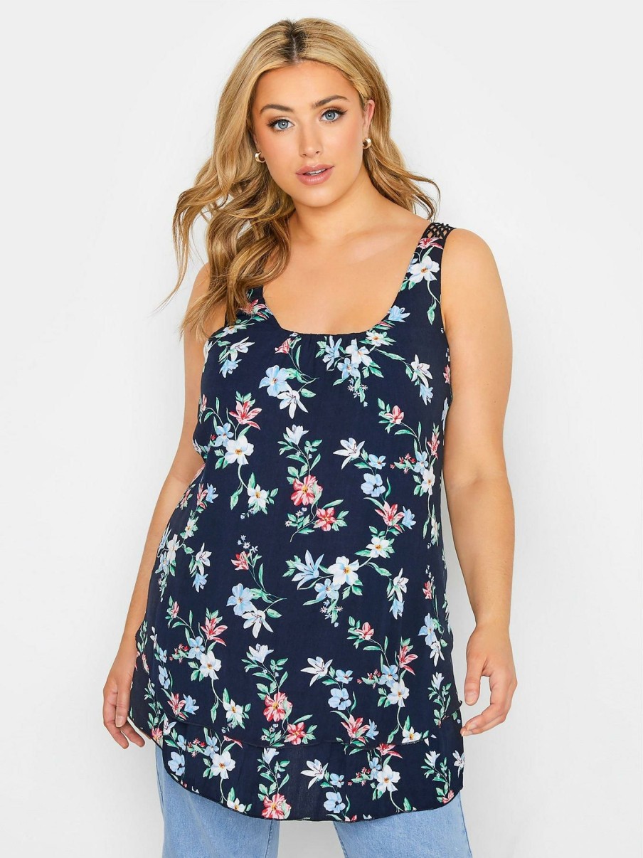 Tops & T-Shirts * | Yours Crochet Back Floral Vest Navy