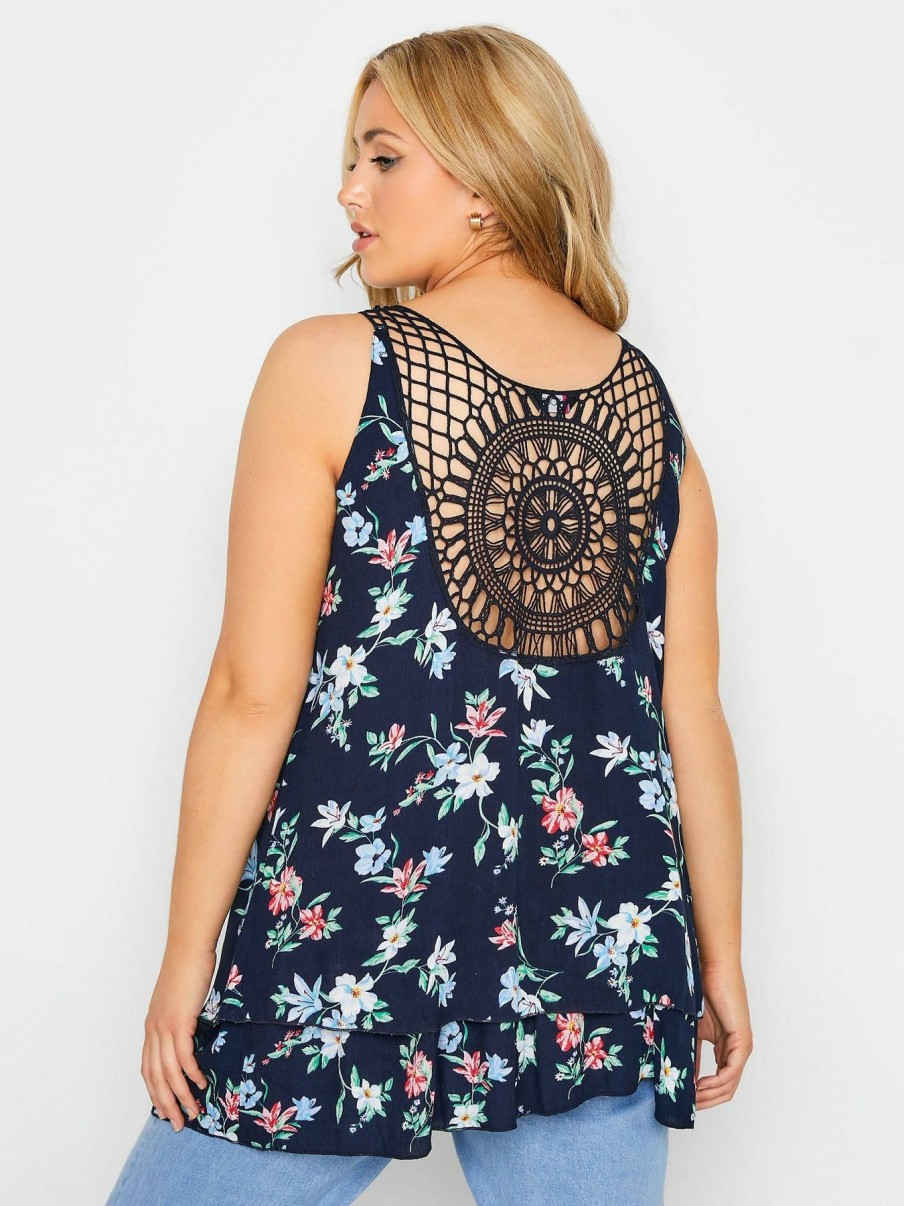 Tops & T-Shirts * | Yours Crochet Back Floral Vest Navy