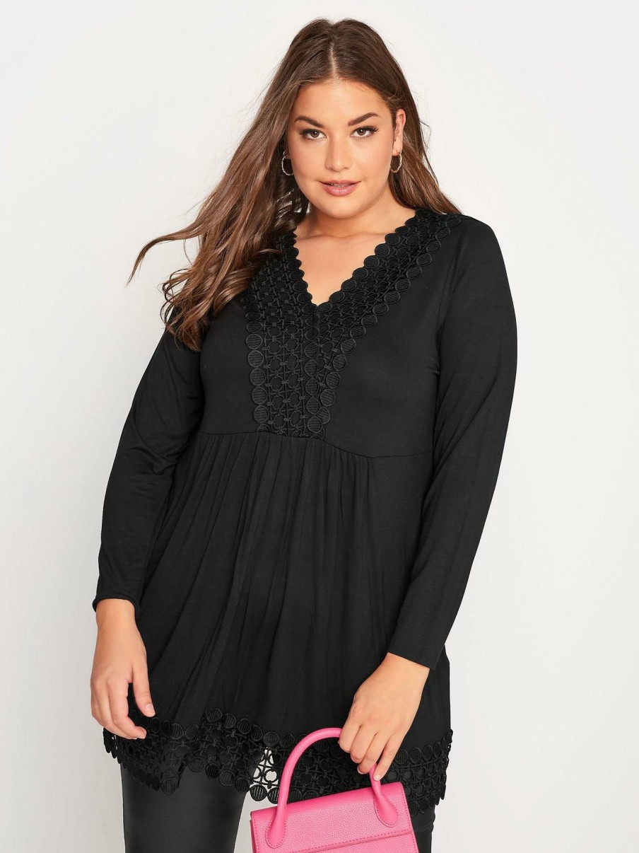 Tops & T-Shirts * | Yours Long Sleeve Crochet Trim Tunic. Black