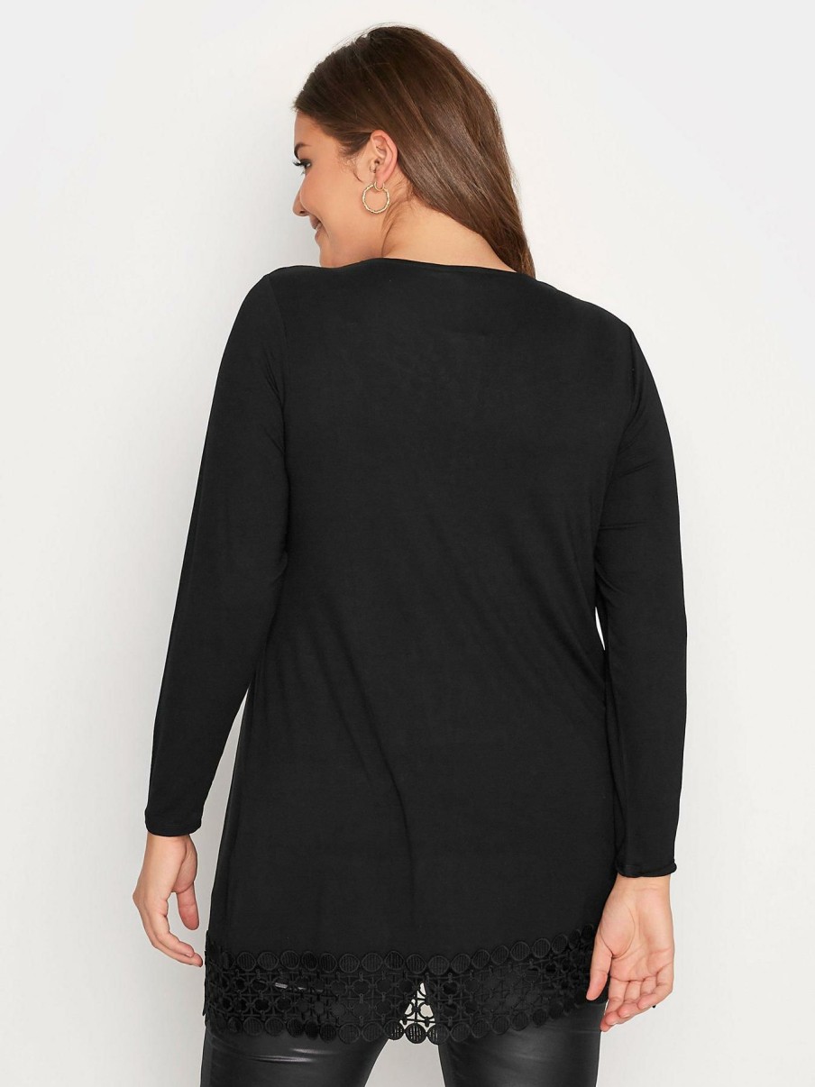 Tops & T-Shirts * | Yours Long Sleeve Crochet Trim Tunic. Black