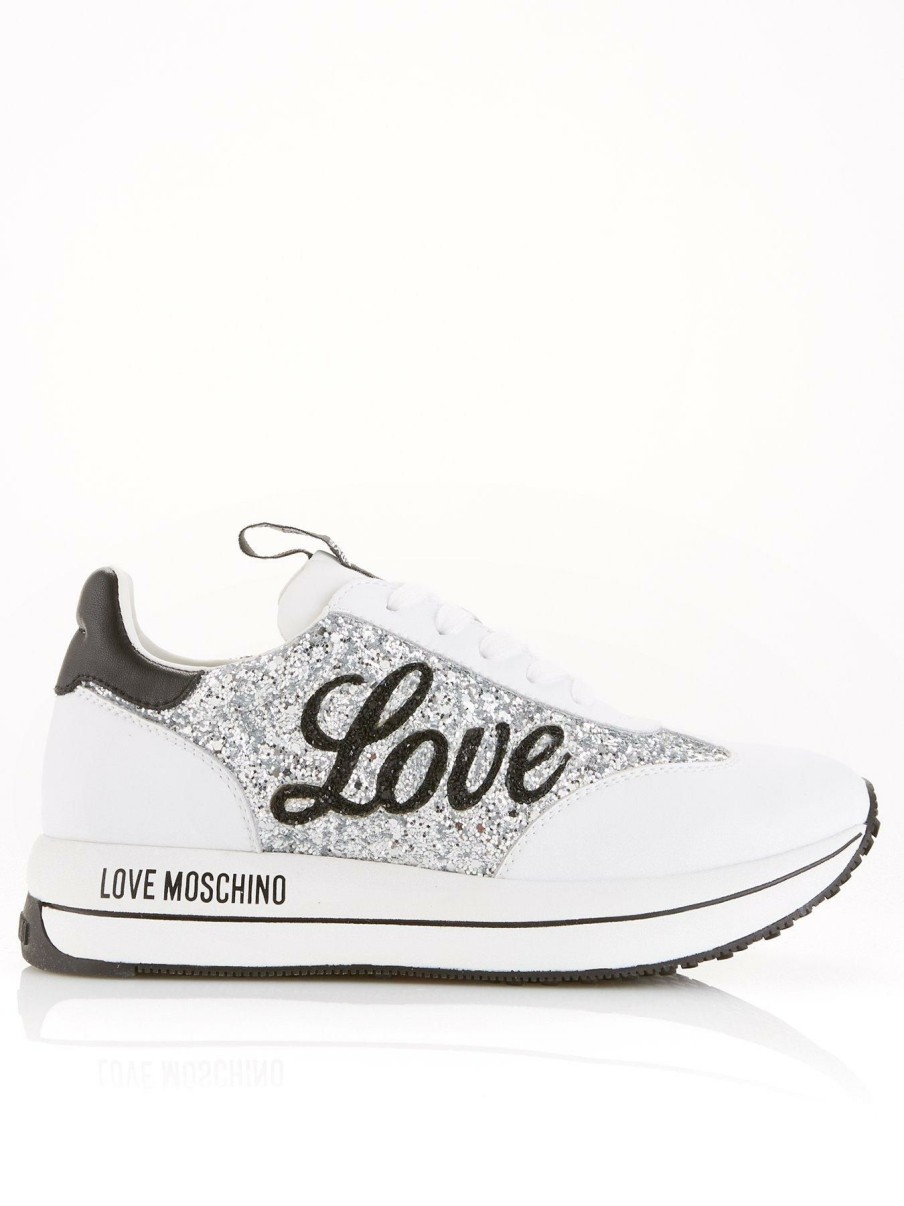 Trainers * | Love Moschino Glitter Love Wedge Trainers White