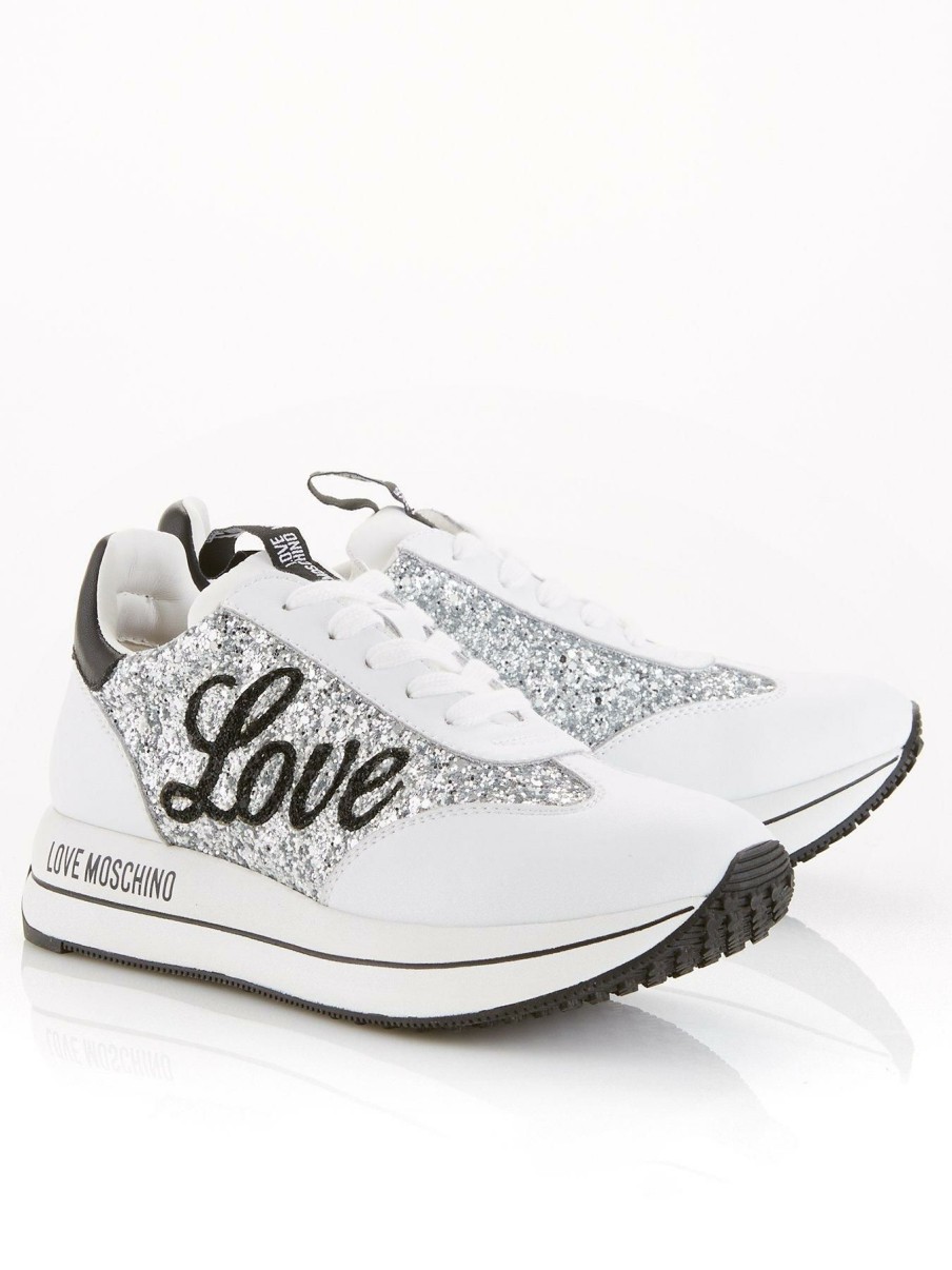 Trainers * | Love Moschino Glitter Love Wedge Trainers White