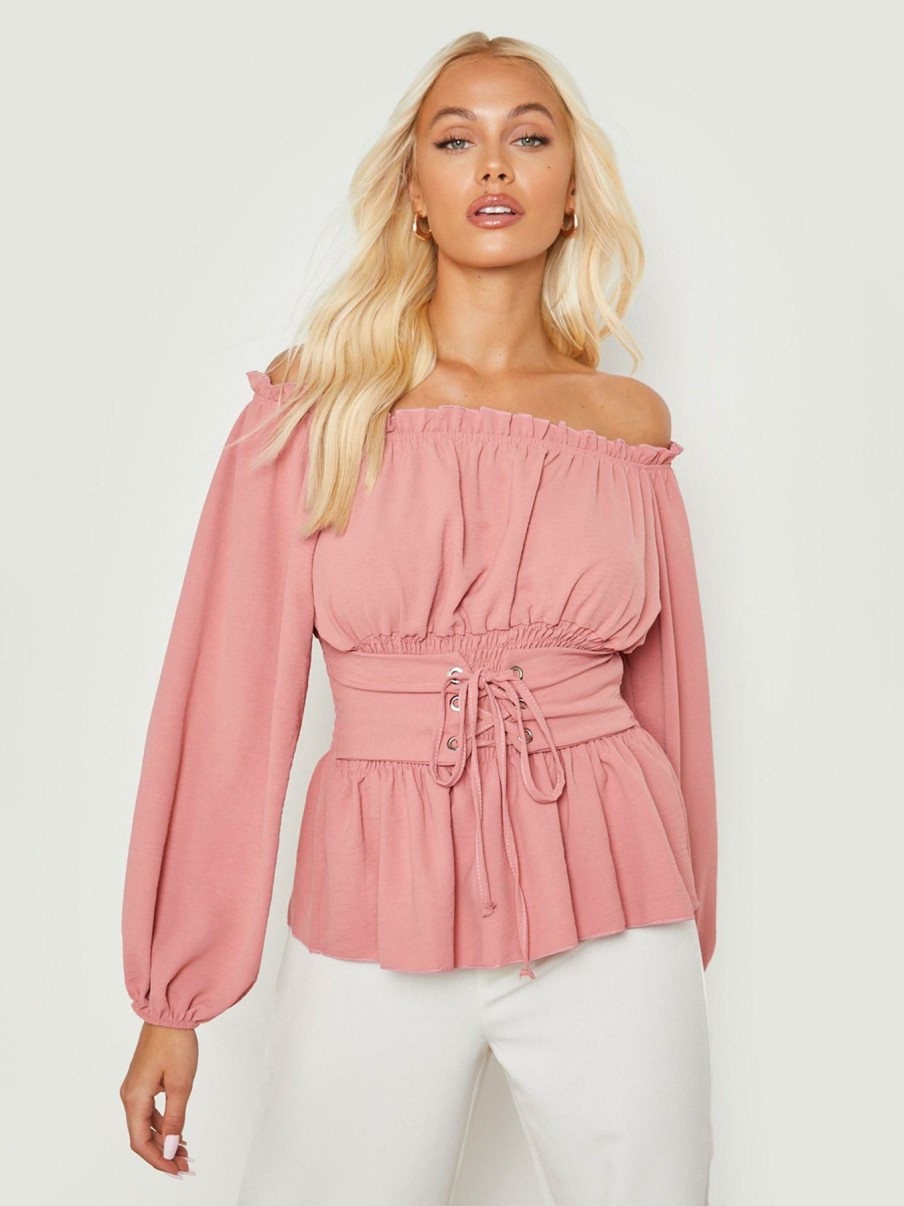 Tops & T-Shirts * | Boohoo Bardot Lace Up Waist Peplum Top