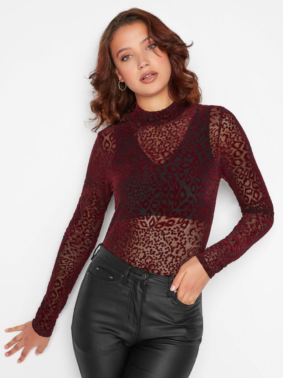 Tops & T-Shirts * | Long Tall Sally Long Tall Sally Burgundy Leopard Mesh Top