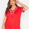 Tops & T-Shirts * | Yours Aztec Embroidered Tie Neck Top Red