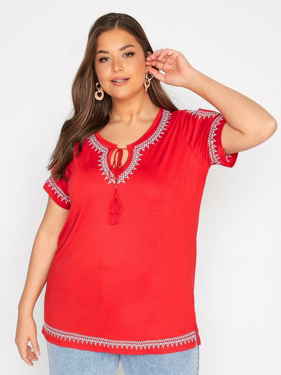 Tops & T-Shirts * | Yours Aztec Embroidered Tie Neck Top Red