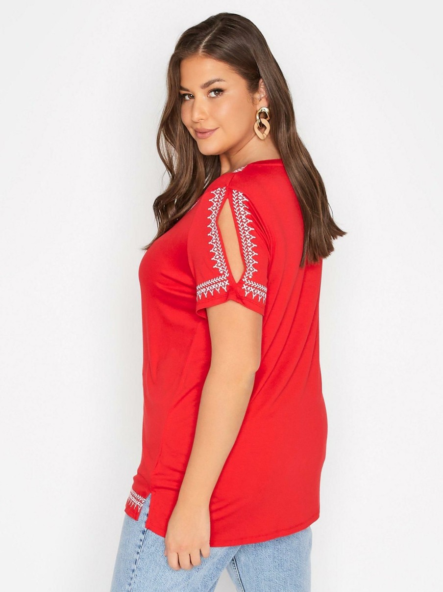 Tops & T-Shirts * | Yours Aztec Embroidered Tie Neck Top Red