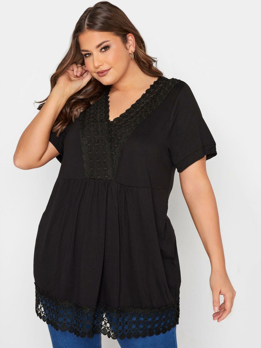 Tops & T-Shirts * | Yours Clothing Crochet Trim Tunic. Black