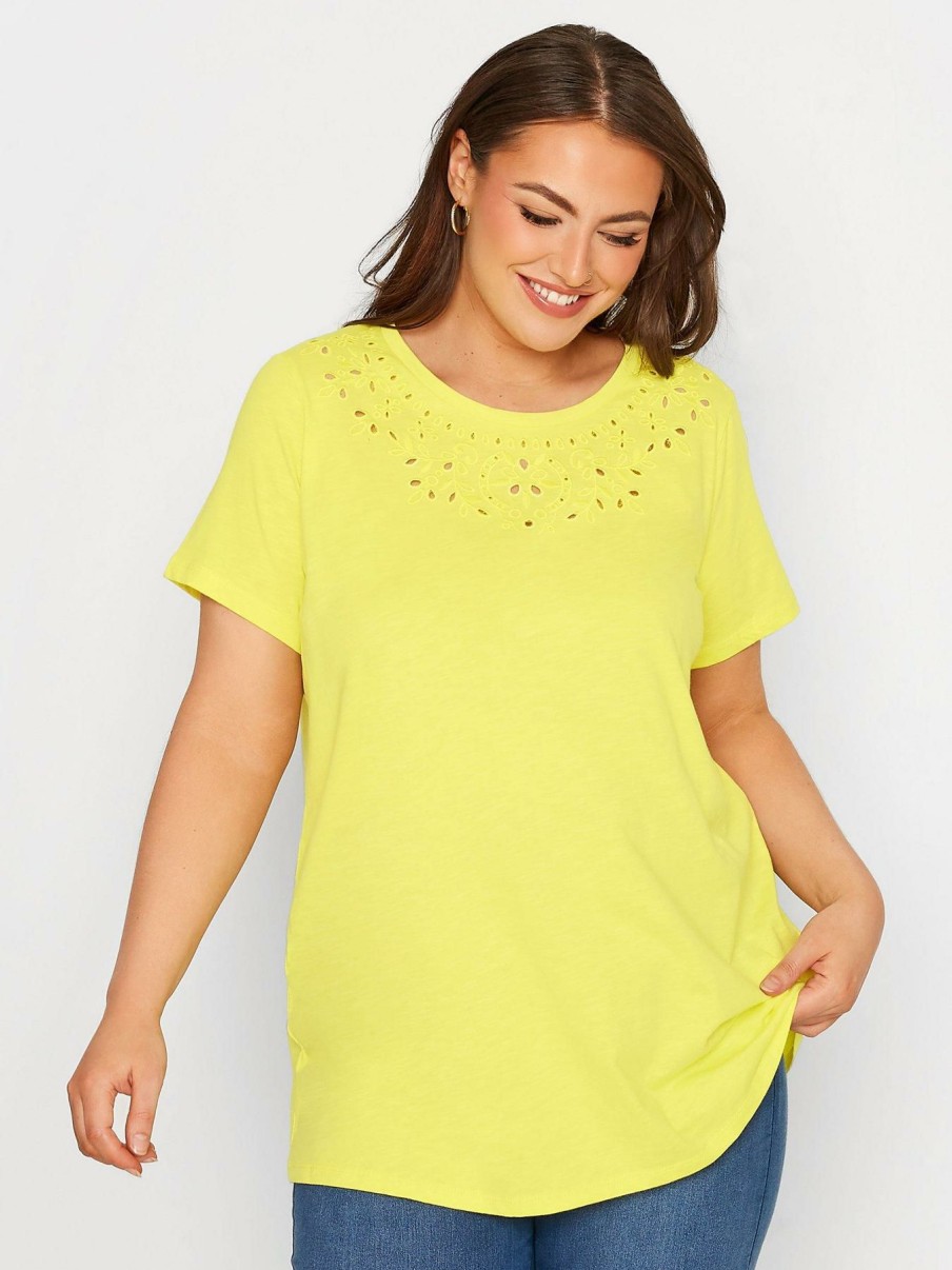 Tops & T-Shirts * | Yours Broderie Anglaise Neckline T-Shirt Yellow