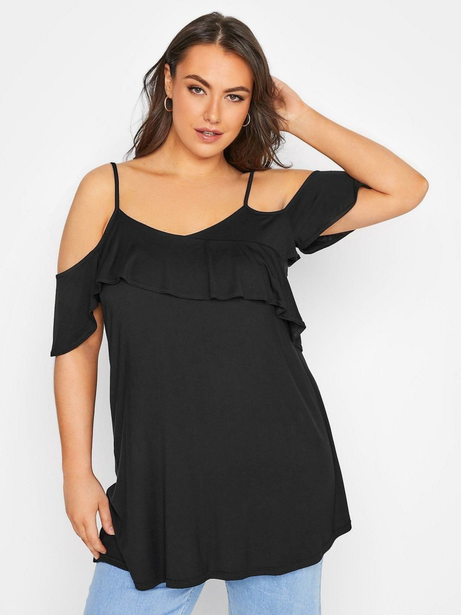 Tops & T-Shirts * | Yours Frill Cold Shoulder Top Black