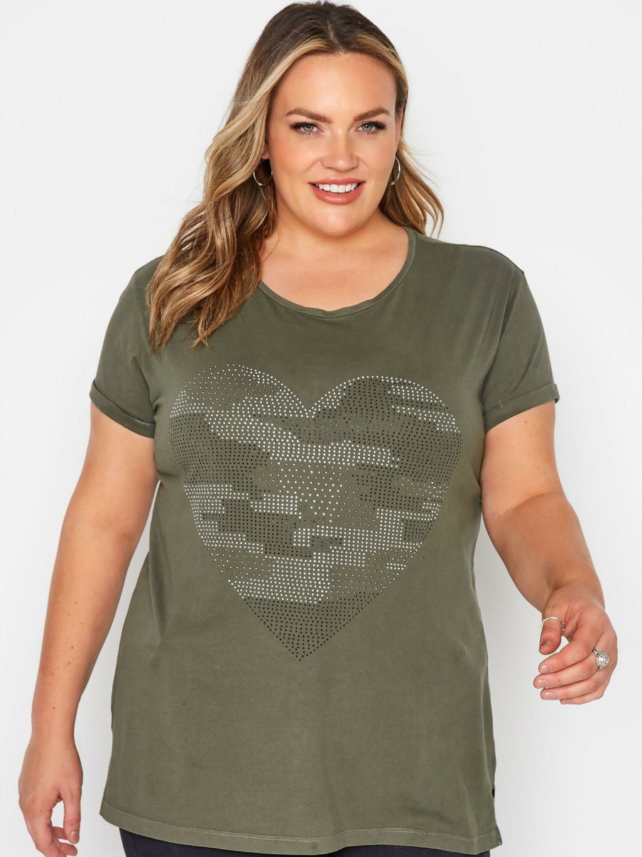 Tops & T-Shirts * | Yours Heart Stud Acid Wash T-Shirt Khaki