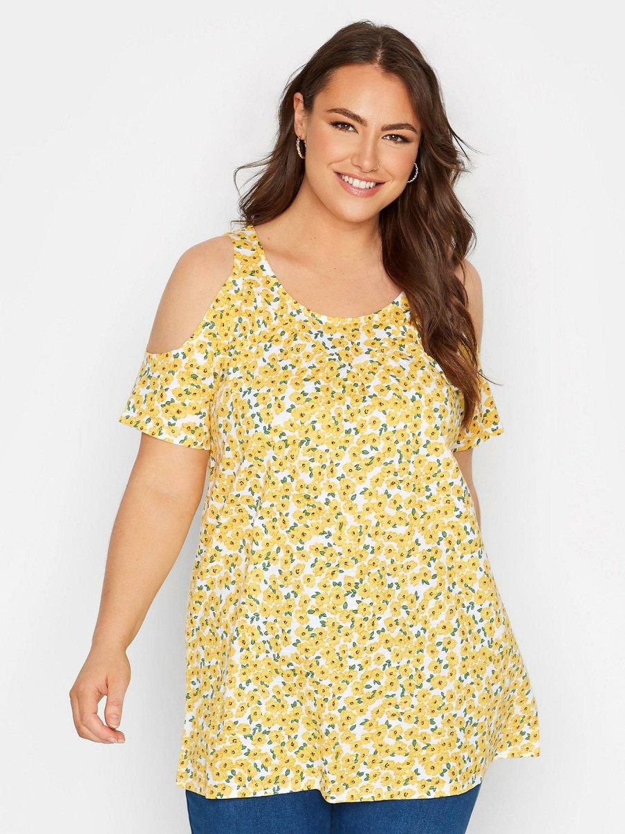 Tops & T-Shirts * | Yours Lace Yoke Cold Shoulder. White/Yellow Floral