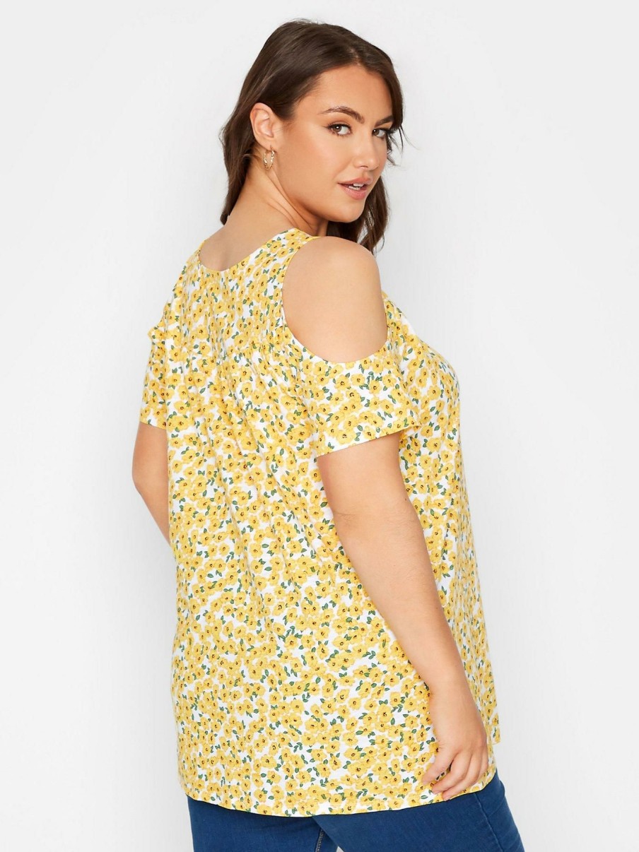 Tops & T-Shirts * | Yours Lace Yoke Cold Shoulder. White/Yellow Floral