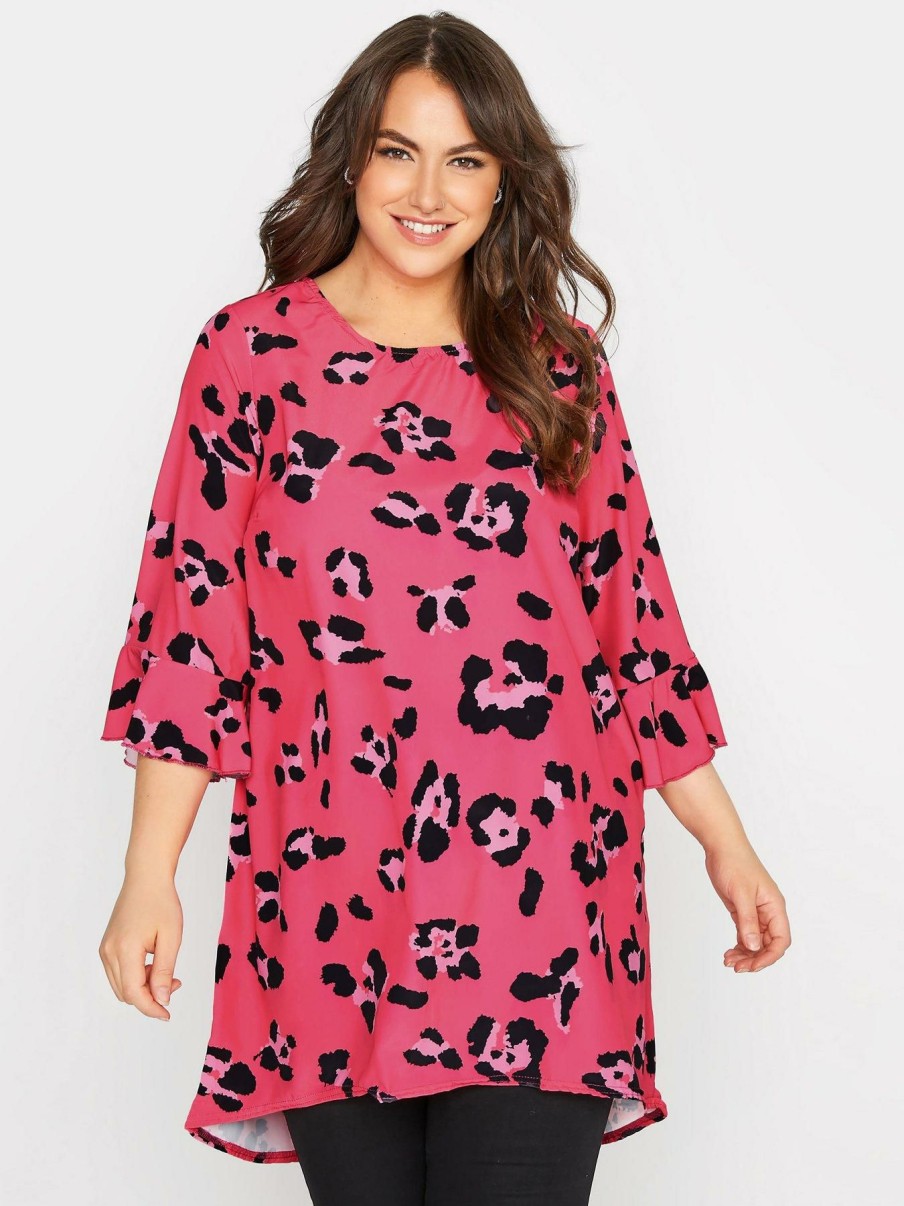 Tops & T-Shirts * | Yours Clothing Hot Pink Animal Flute Sleeve Tunic